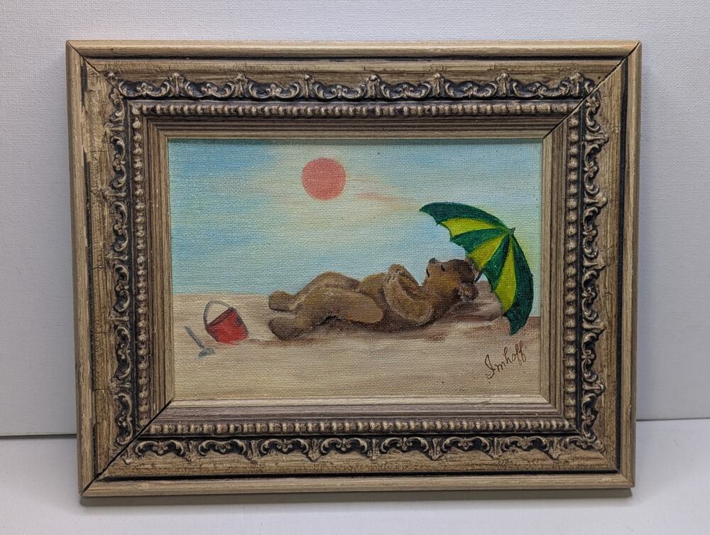 Signed Imhoff Bear Beach PaintingFramed Whimsical Coastal Wall Art
